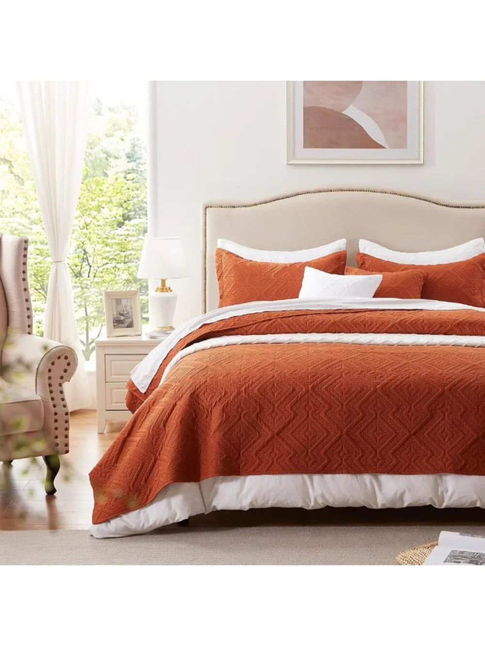 King Size 3-Piece Lightweight Quilt Set, Soft Microfiber Burnt Orange Coverlet